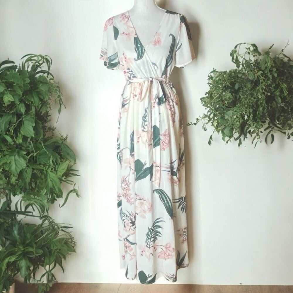 Illa Illa Womens White Floral Print Faux Wrap Maxi Dress Size Medium
